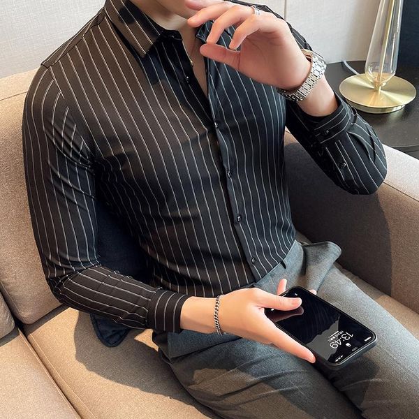 

men's casual shirts black/white long sleeve striped shirt men clothing simple business formal wear slim fit tuxedo camisas de hombre 3x, White;black