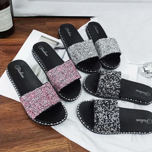 

slippers women's fashion shiny crystal low heel shoes summer slides flat bottom non-slip woman beach drop, Black