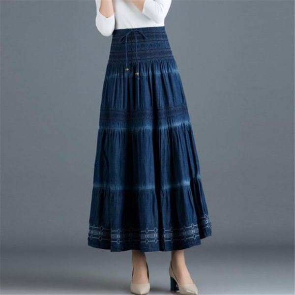 

vintage summer maxi casual womens skirt cotton denim long elastic waist a line all match loose jeans ds50556, Black