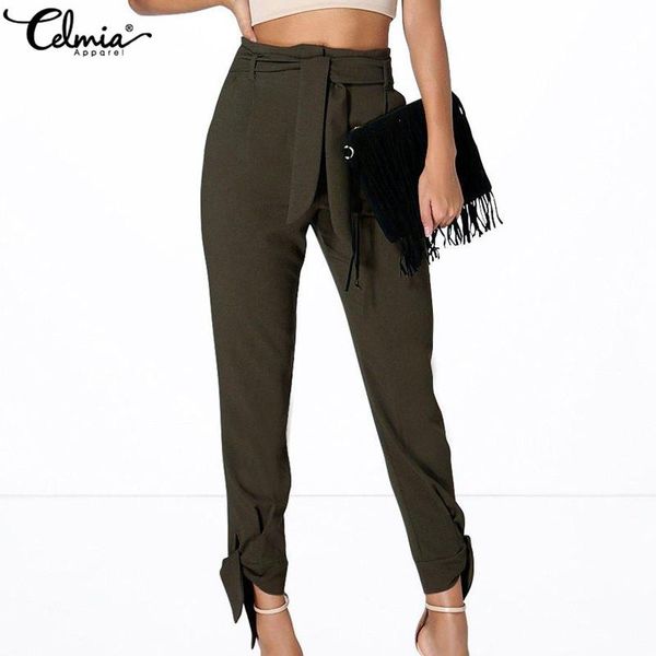

women's pants & capris celmia 2021 fashion autumn women casual high waist trousers female streetwear bandage summer plus size, Black;white