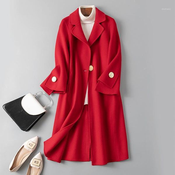 

red tweed coat women's mid long slim 2021 off season autumn winter korean double face zero cashmere wool & blends, Black