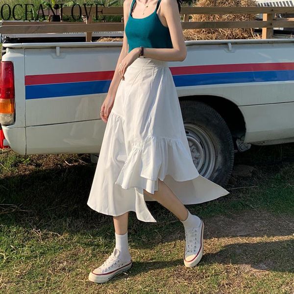 

skirts oceanlove irregular solid women ruffles high waist fashion 2021 summer faldas girls elegant long skirt all match 16909, Black