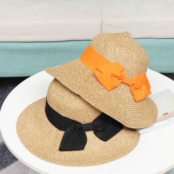 

wide brim women sun hat uv protection comfortable visors beach cap foldable portable bowknot straw bucket hats, Blue;gray