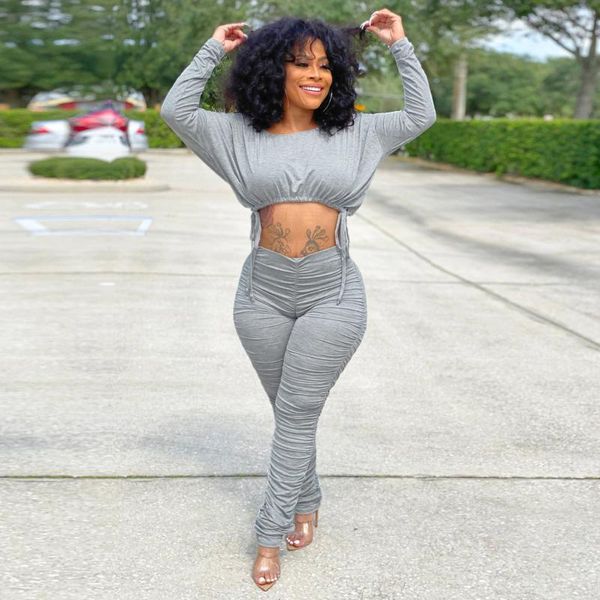 

women's tracksuits autumn and winter simple fashion casual sports round neck pleated drawstring long-sleeved trousers suit, Gray