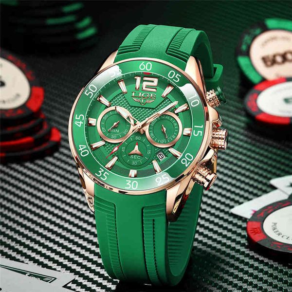 

watches lige men's watch green silicone strap quartz chronograph sports wristwatch for man 3atm waterproof relogio masculino+box, Slivery;brown