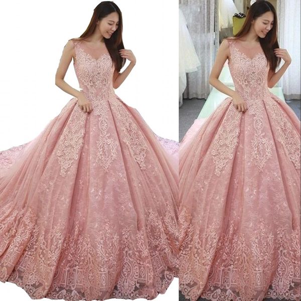 

2022 luxury ball gown quinceanera dresses pink full lace appliques scoop neck corset back sweep train sweet 16 party prom evening gowns plus, Blue;red