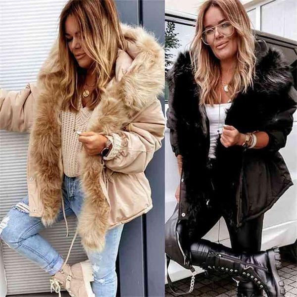 

hooded jacket for women winter warm faux fur parka cotton-padded jackets casual waist tightening oversized outwear coat 210922, Black;brown