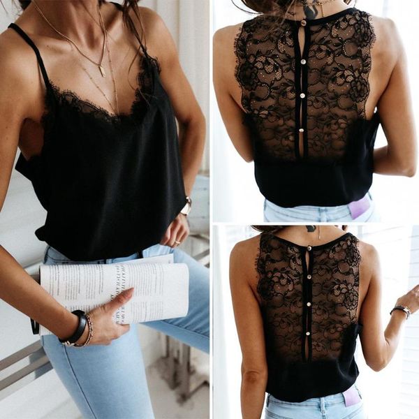 

summer women satin silk lace tank vest blouse female casual crop camisole solid backless women's tanks & camis, White