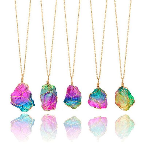 

chokers 1pc irregular rainbow stone natural crystal chakra rock necklace golden plated quartz pendant nice gift for lover friends, Golden;silver
