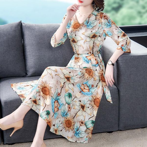 

casual dresses 2021 summer floral mulberry silk midi dress spring women vintage plus size print elegant bodycon party vestidos, Black;gray