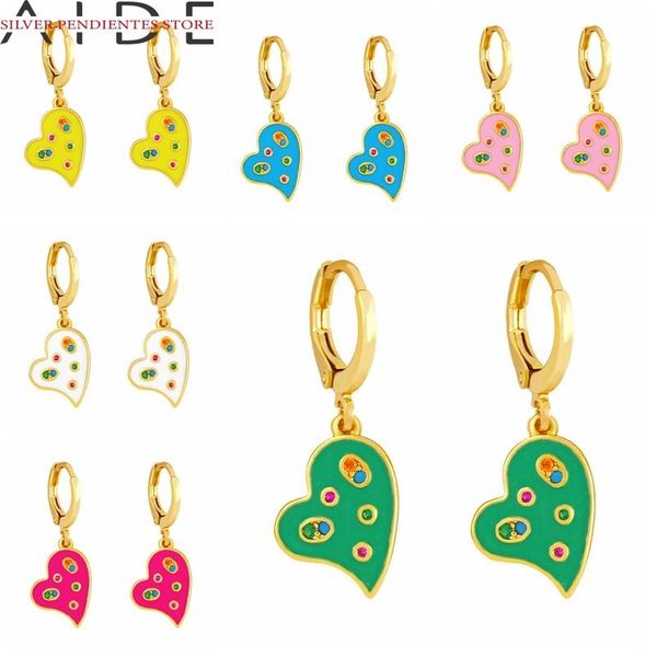 

hoop & huggie aide fashion small round heart shape earrings for women colorful zircon oil dripping pendant earring gold jewelry, Golden;silver
