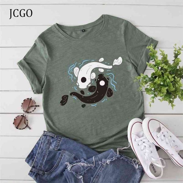 

jcgo fashion summer t shirt women 100% cotton fishes print plus size s-5xl tshirts o-neck short sleeve vintage casual tee 210401, White