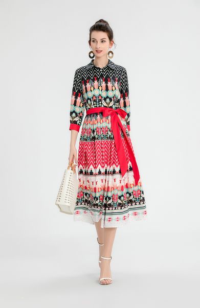 

milan runway dresses 2022 spring summer lapel neck 1/2 sleeve print panelled women's designer dress brand same style clothing 0301-9, Black