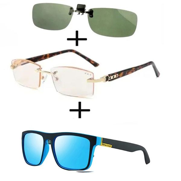 

sunglasses 3pcs titanium gentleman diamond cut reading glasses men women + polarized squared ultralight clip, White;black