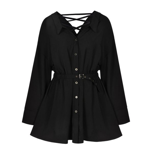 

women black turn down collar solid shirt dress long sleeve sash a line elegant mini female d2623 210514, Black;gray