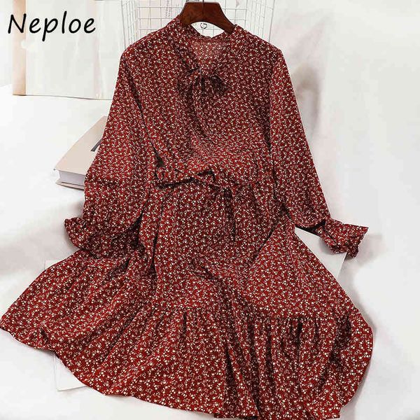 Neploe Tie Collar Flower Print Abiti di media lunghezza Stile coreano Semplice All-match Vestidos Ins Vita sottile Big Swing Women Dress 210423