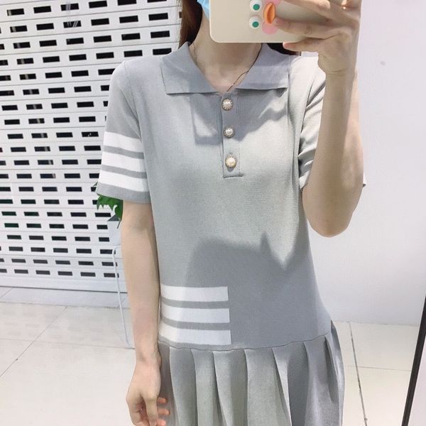 

dress skirt 2021 summer tb college style ice silk knitted short sleeve polo collar small pleated dress women's net red, Black;gray