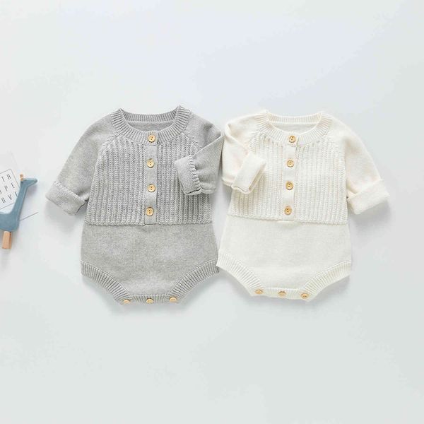Spring New Baby Girl с длинным рукавом одежда мальчик вязаные комбинезоны и о-шеи белые и серые комбинезоны одежда для новорожденных 0-3 года 210413