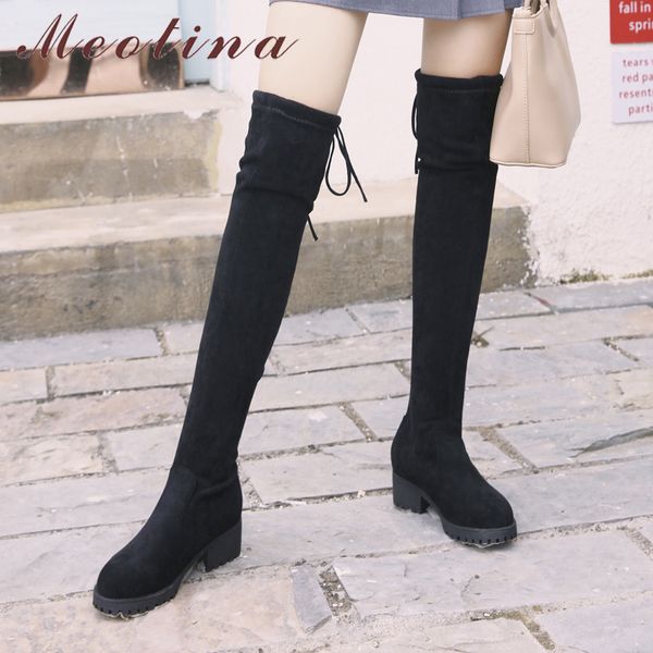 

over the knee boots women shoes platform block heels long lace up high heel stretch ladies autumn winter 43 210517, Black