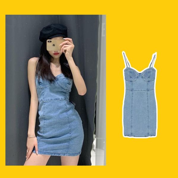 

casual dresses spring and summer denim dress with buttocks slim straps, Black;gray