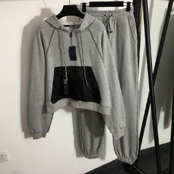 

women's two piece pants luxury design fashion suit color matching pocket long sleeved hoodie + temperament drawstring elastic waist cas, White