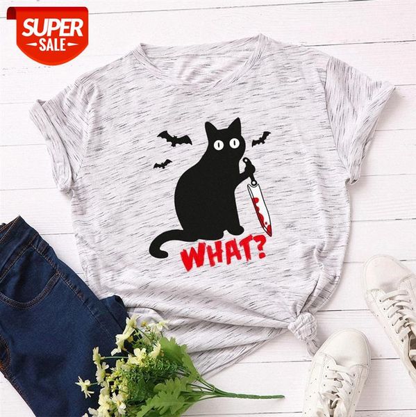 

women's loose round neck cat what short-sleeved cotton t-shirt #bz9x, White