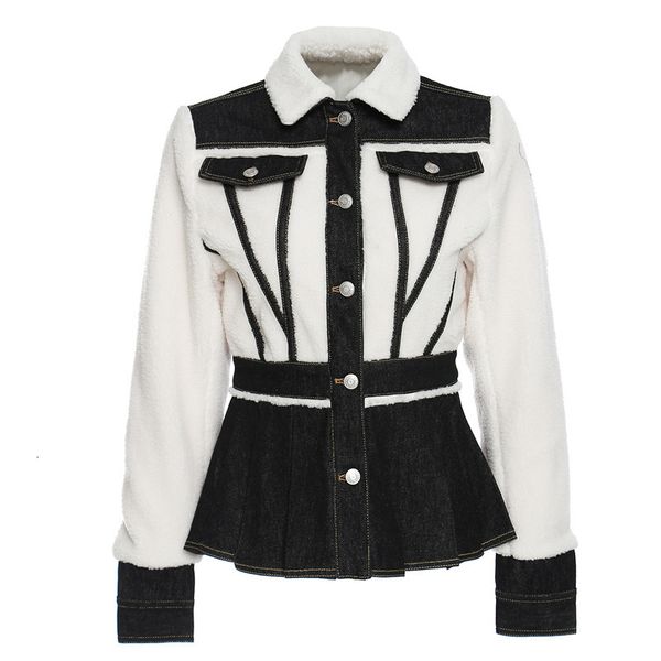 

Autumn winter motorcycle hair wrestling lamb denim nice black and white coat contrast color female jacket, Black;brown