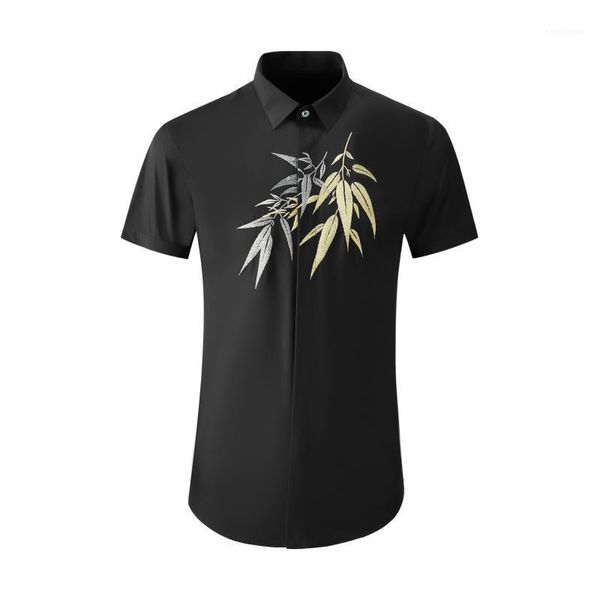 

men's dress shirts 2021 summer products front bamboo leaf embroidery chinese style slim shirt personalized cotton spinning clothing, White;black