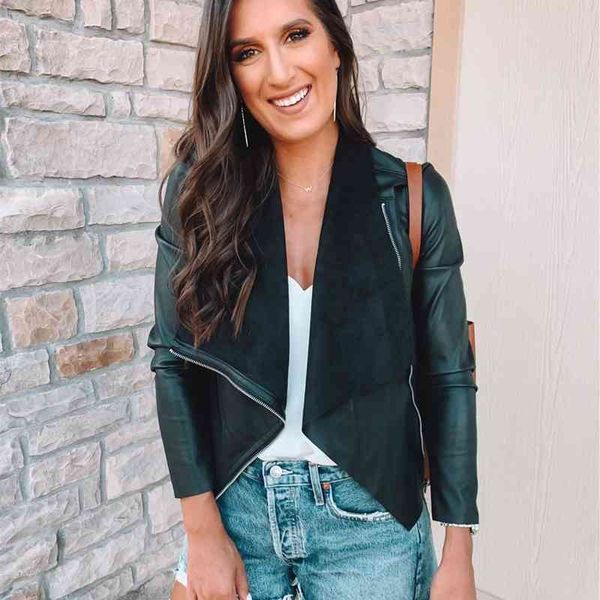 

new women's wash leather zipper slim fit jacket women's lapel pu jacket, Black