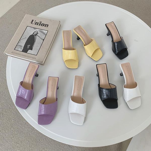 

women slippers open toe slides solid color ladies design mid heels mules shoes summer casual fashion, Black