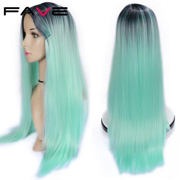 Ombre Wig Mint Verde Longo Reta Cabelo Colorido Perucas Sintéticas Média Parte Resistente ao Calor Festa Cosplay Fato para MulheresFactory Direct