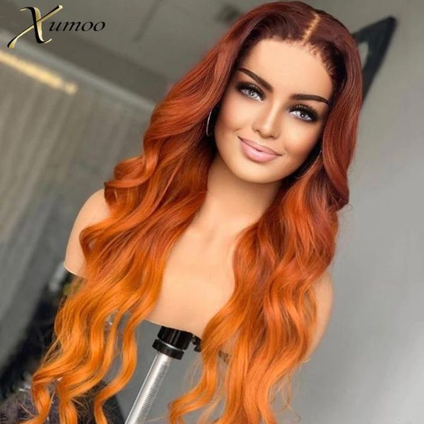 

lace wigs xumoo ginger orange swiss ombre rainbow colorful body wave brazilian virgin human hair front for cosplay wig, Black;brown