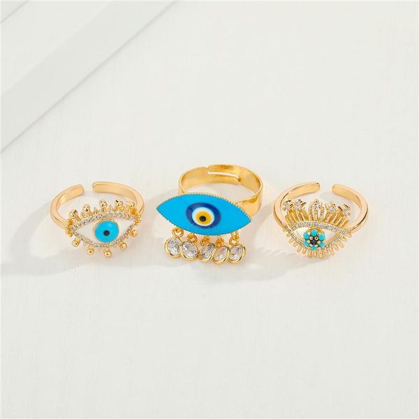 

turkish evil eye crystal tassel ring for women europe bohemia trendy vintage hollow blue open finger jewelry cluster rings, Golden;silver