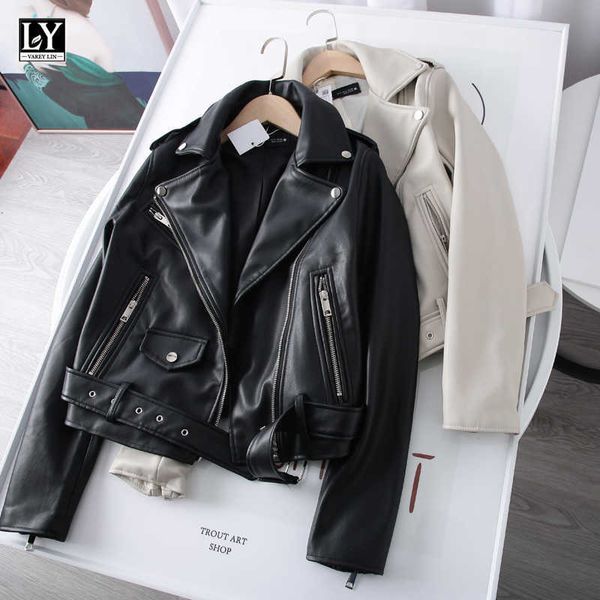 

ly varey lin spring autumn women short design slim pu leather coat long sleeve black jackets faux jacket with belt 210526