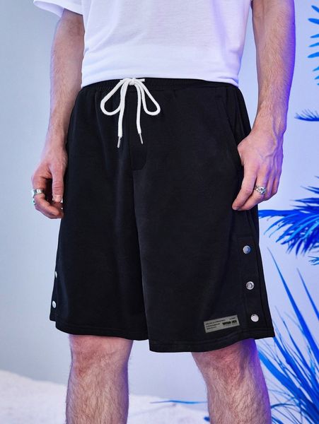 

men button side drawstring waist track shorts s2ej#, Black