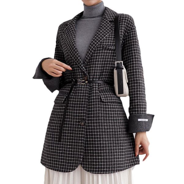 

women's wool & blends korean double-sided cashmere coat women 2021 autumn winter plaid suit jackets houndstooth woolen 85a, Black