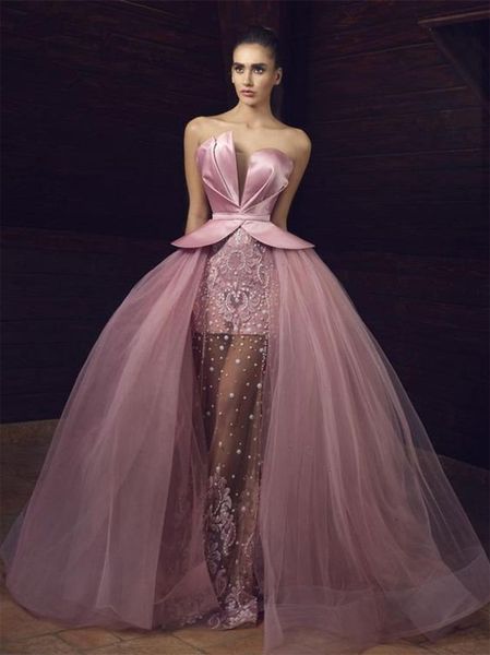 

gorgeous evening dresses with detachable train sweetheart sleeveless beads appliqued formal prom dress mermaid custom made illusion chic rob, Black;red