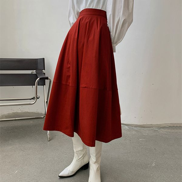 

autumn winter bottoms work wear high waist women skirt ol fashion elegant solid a-line long skirts womens 210421, Black