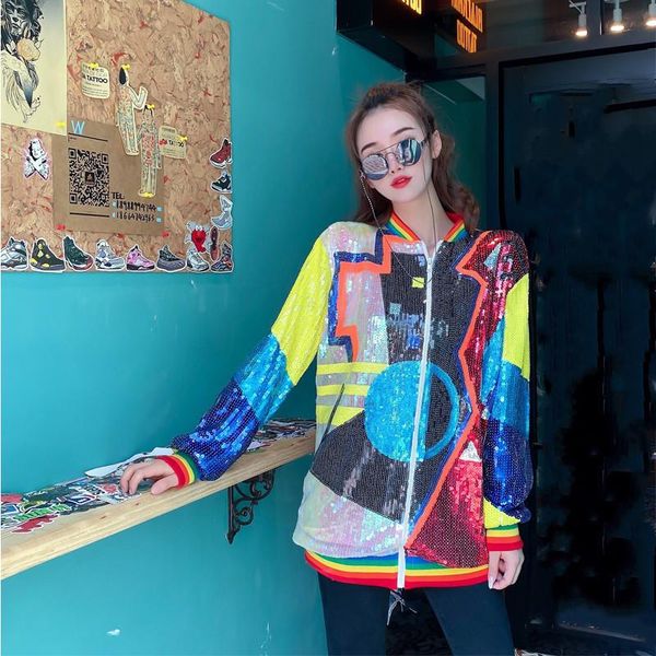 

women's jackets fashion brand spring baseball sequined korean hit color loose coats long sleeve geometry striped jacket, Black;brown