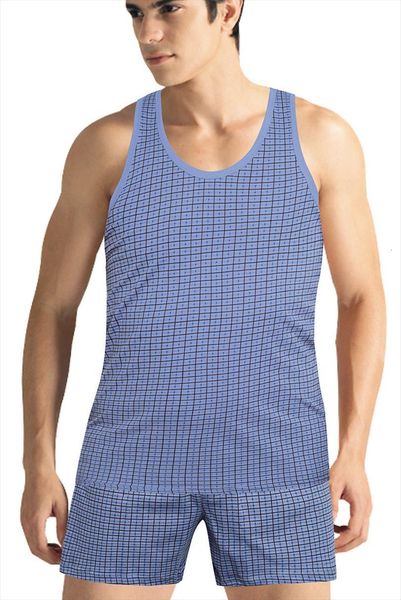 

cotton undershirt boxers set summer mens tracksuits printed plaid sleeveless vest and underpants suit sports loose pajamas, Gray