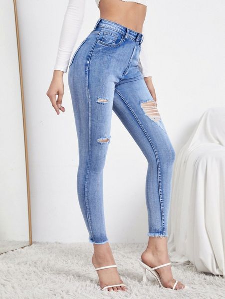 

high waist ripped raw hem skinny jeans i4pv#, Blue