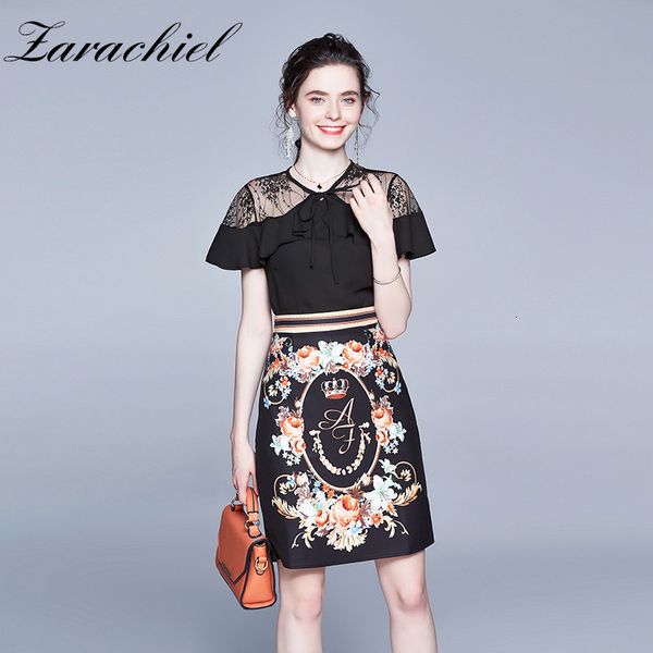 

skirts fashion runway two piece women lace patchwork ruffles black chiffon blouse rose flower print mini a-line skirt set