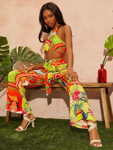 

tropical print cut out front halter neck jumpsuit s31e#, White