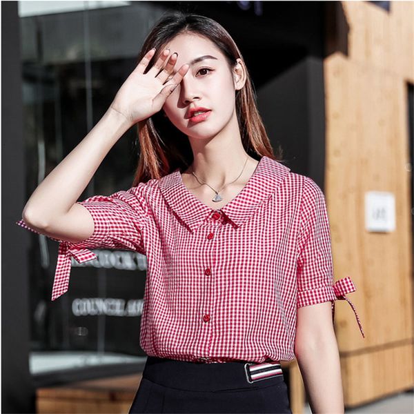 

women spring summer style chiffon blouses shirts lady casual short lantern sleeve peter pan collar blusas df1718, White