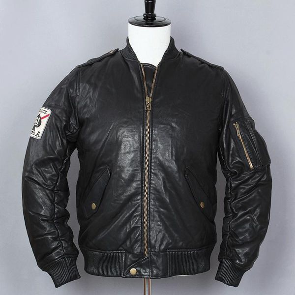 

men's leather & faux fashion avirex mens down genuine men black sheepskin stand collar baseball jacket winter coat for male