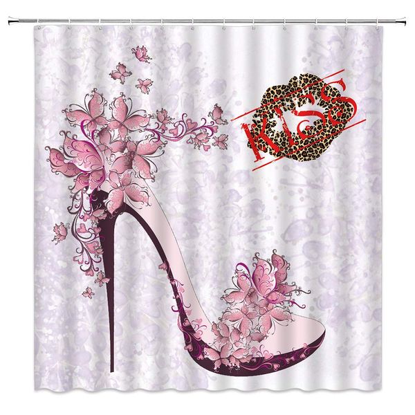 

romantic lady high heels shower curtain leopard wild lips with butterfly flower decor fashion pretty girl fairy shoes,fabric