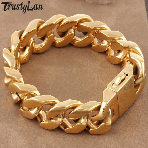 

link, chain men's gold plated stainless steel heavy metal hand bracelets punk rock curb cuban link hip hop homme wristband bangle jewel, Black