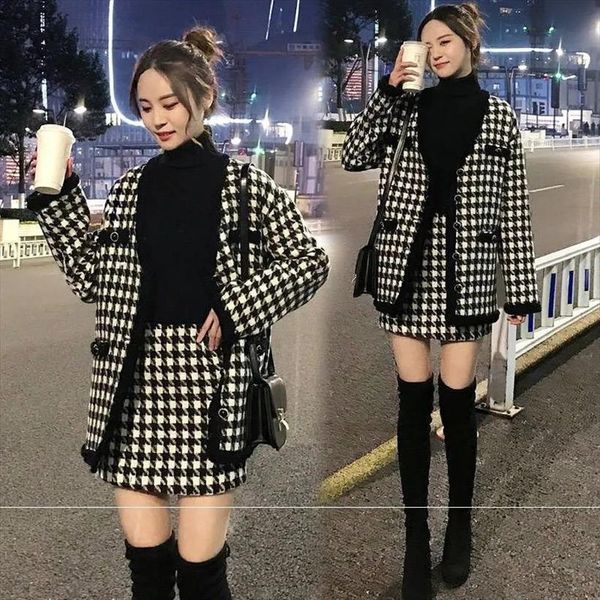 

fashion sets houndstooth vintage womens dresses two piece outfits autumn cardigan and mini skirt suits elegant ladies, White