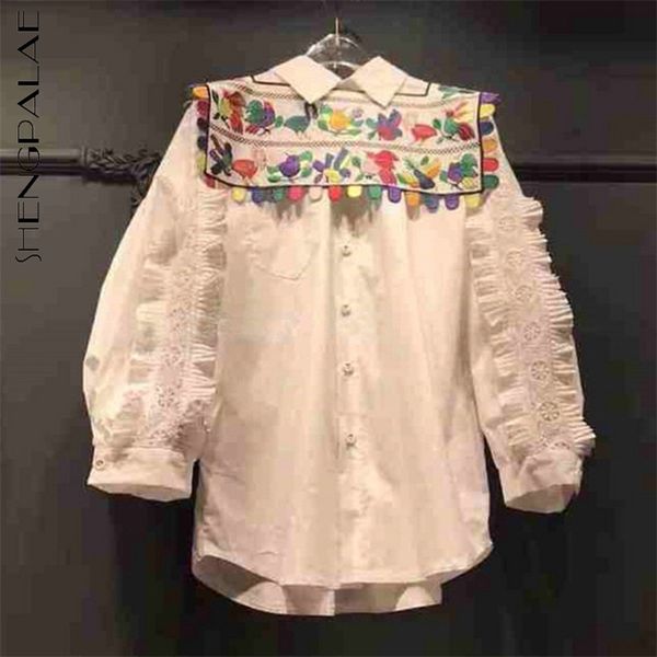 

embroidered patchwork shirt women's spring lapel long sleeve loose pleated blouse female fashion 5b143 210427, White