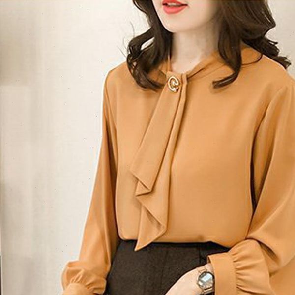 

spring chiffon long lantern sleeve womens shirts o neck casual button tie solid and blouses elegant shirt, White